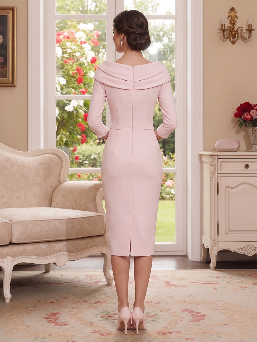 Sheath/Column Scoop Tea-Length 3/4 Sleeves Mother of the Bride Dresses with Crystal &amp; Pleated