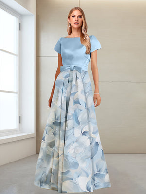 A-Line/Princess Boat Neck Short Sleeves Printed Floral Mother of the Bride Dresses with Bow