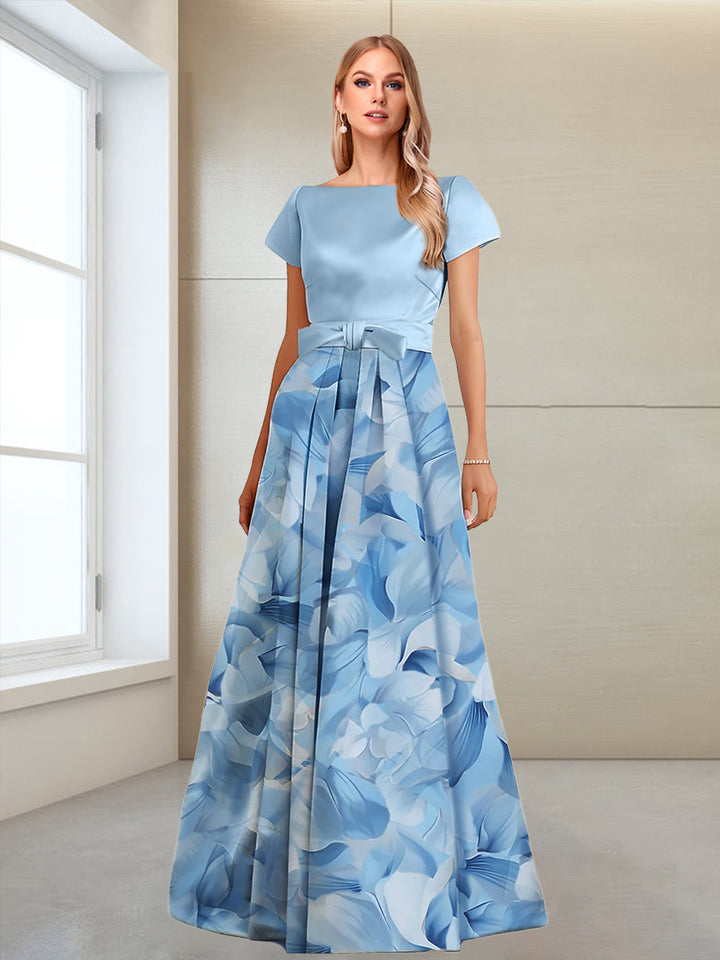 A-Line/Princess Boat Neck Short Sleeves Printed Floral Mother of the Bride Dresses with Bow