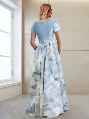 A-Line/Princess Boat Neck Short Sleeves Printed Floral Mother of the Bride Dresses with Bow