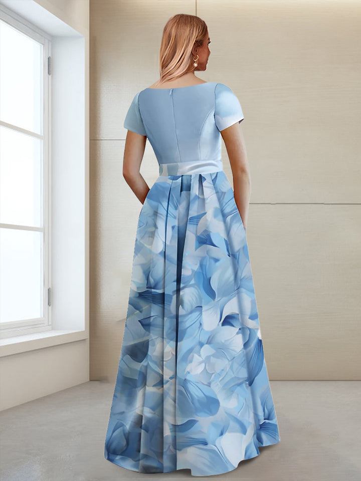 A-Line/Princess Boat Neck Short Sleeves Printed Floral Mother of the Bride Dresses with Bow