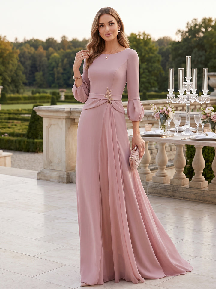 Sheath/Column Scoop 3/4 Sleeves Satin Floor-Length Formal Dresses with Belt