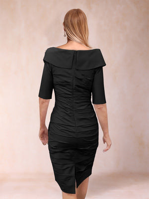 Sheath/Column Off-the-Shoulder Knee-Length 3/4 Sleeves Pleated Mother of the Bride Dresses