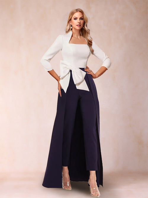 Square Neck 3/4 Sleeves Floor-Length Mother of the Bride Pantsuits with Bow
