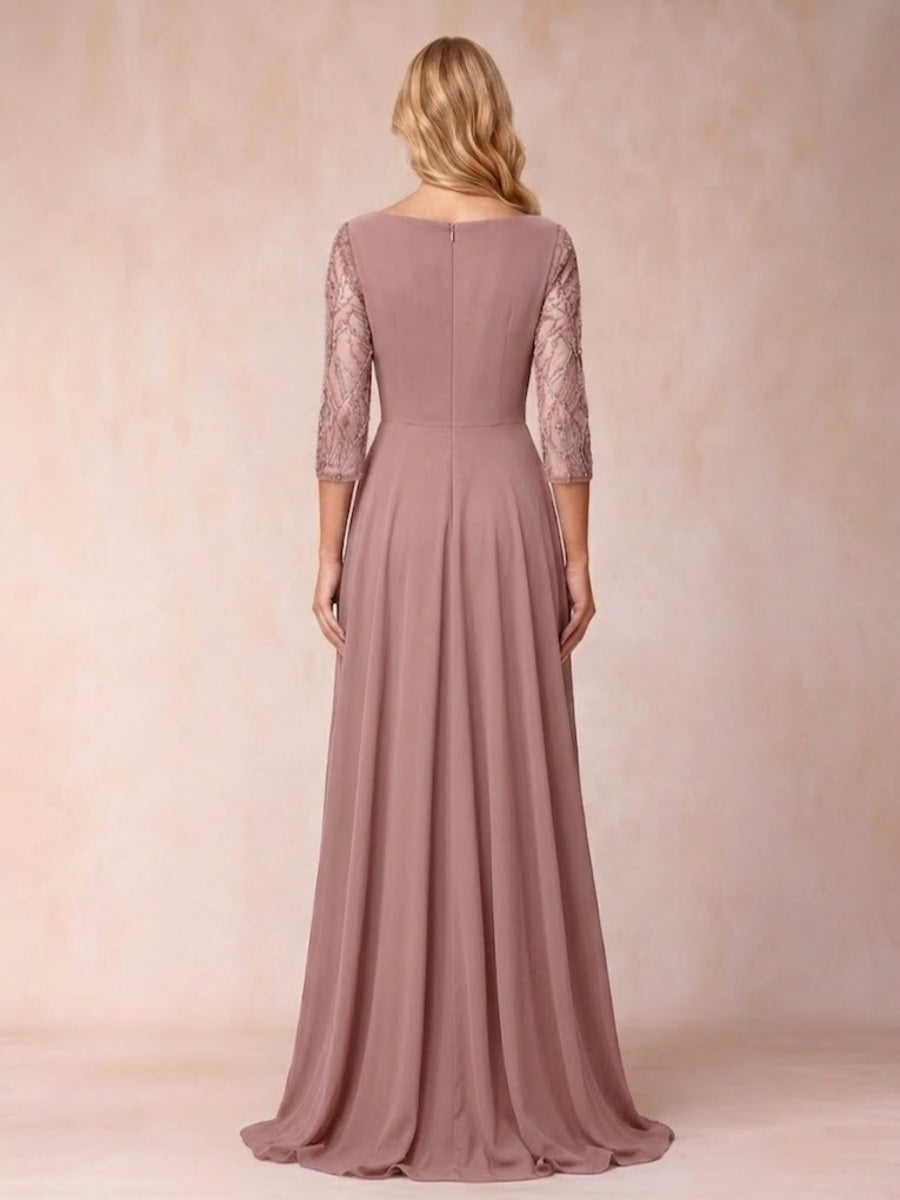 Chiffon V-Neck 3/4 Sleeves Floor-Length Ruched Mother of the Bride Pantsuits with Appliques