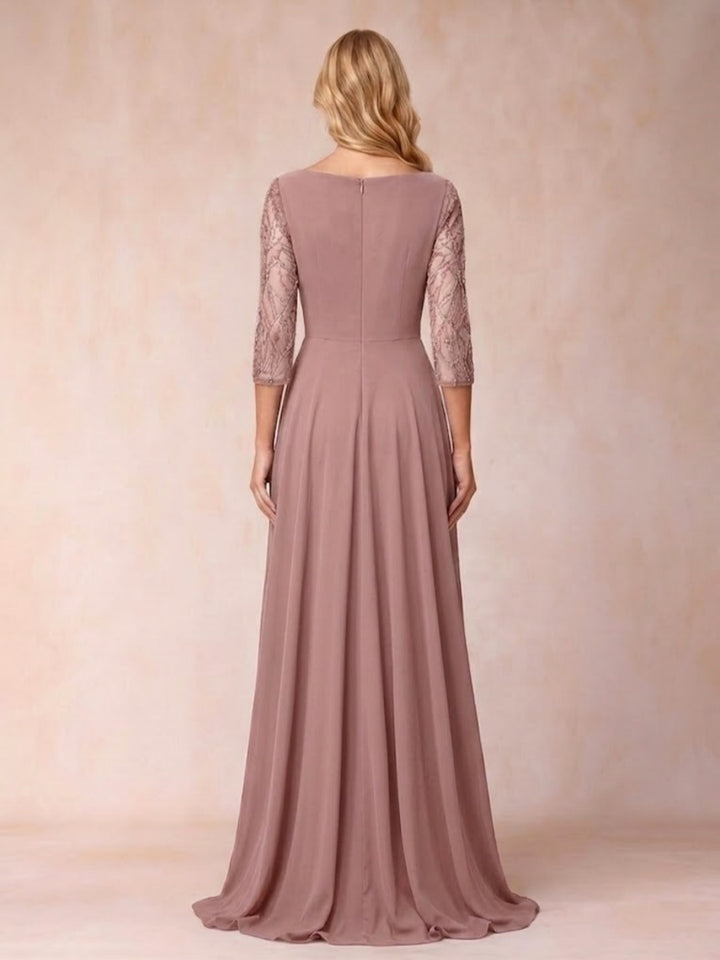 Chiffon V-Neck 3/4 Sleeves Floor-Length Ruched Mother of the Bride Pantsuits with Appliques
