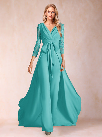 Chiffon V-Neck 3/4 Sleeves Floor-Length Ruched Mother of the Bride Pantsuits with Appliques