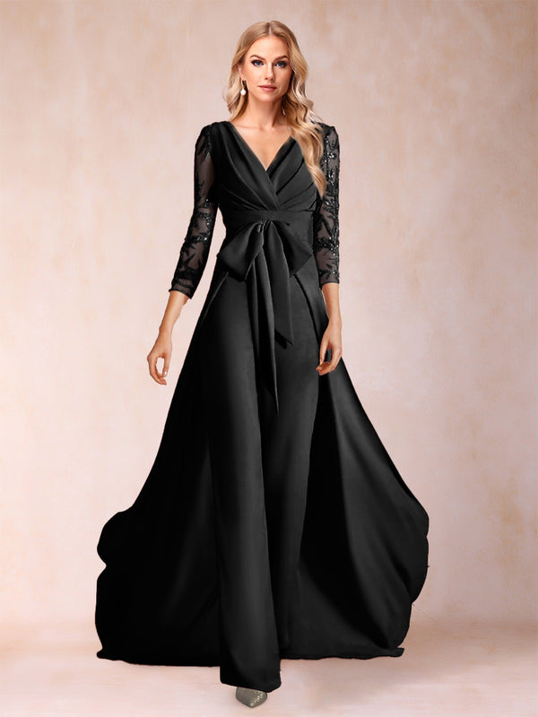 Chiffon V-Neck 3/4 Sleeves Floor-Length Ruched Mother of the Bride Pantsuits with Appliques
