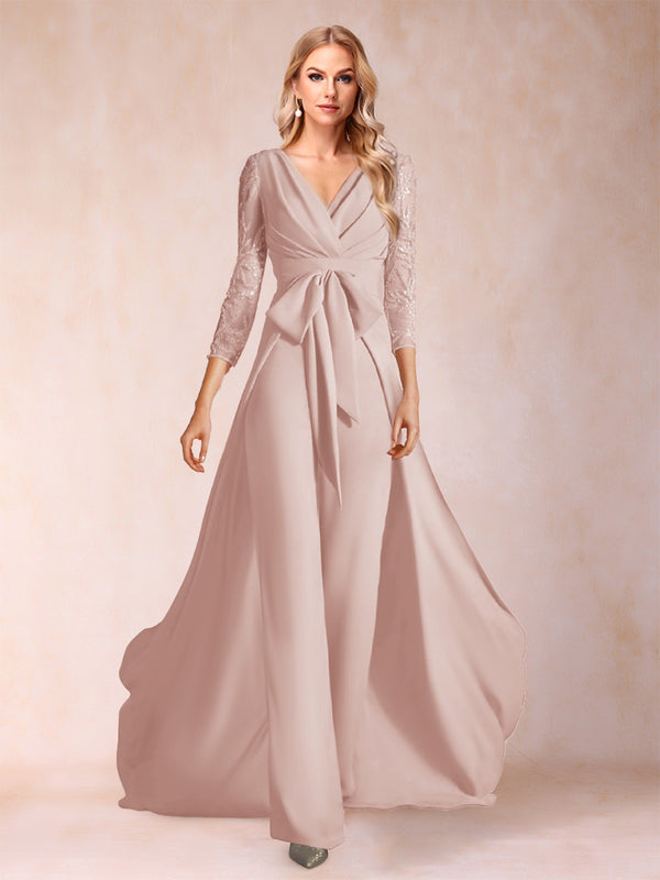 Chiffon V-Neck 3/4 Sleeves Floor-Length Ruched Mother of the Bride Pantsuits with Appliques