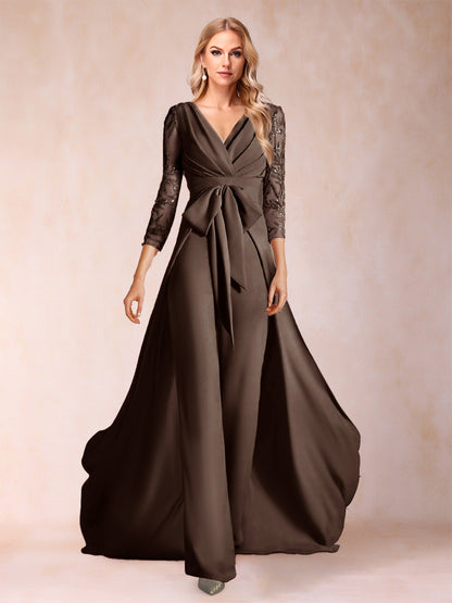 Chiffon V-Neck 3/4 Sleeves Floor-Length Ruched Mother of the Bride Pantsuits with Appliques