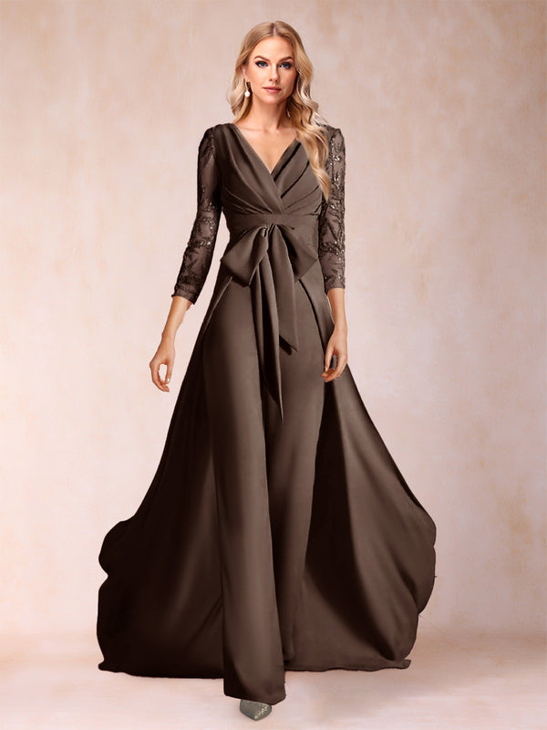 Chiffon V-Neck 3/4 Sleeves Floor-Length Ruched Mother of the Bride Pantsuits with Appliques