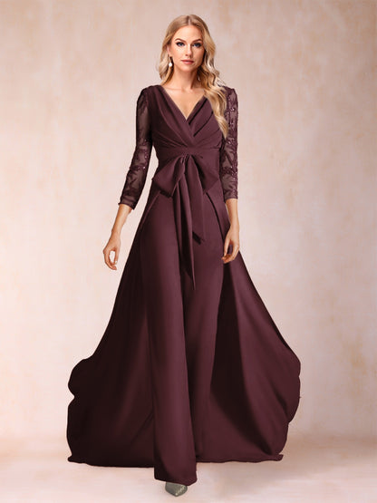 Chiffon V-Neck 3/4 Sleeves Floor-Length Ruched Mother of the Bride Pantsuits with Appliques
