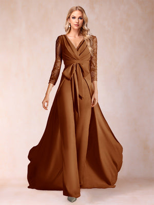Chiffon V-Neck 3/4 Sleeves Floor-Length Ruched Mother of the Bride Pantsuits with Appliques