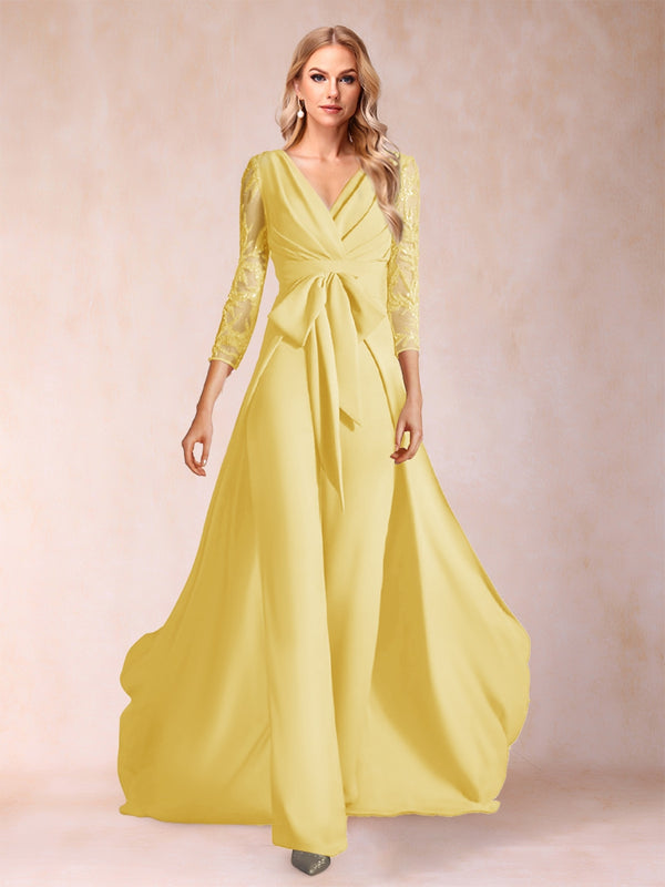 Chiffon V-Neck 3/4 Sleeves Floor-Length Ruched Mother of the Bride Pantsuits with Appliques