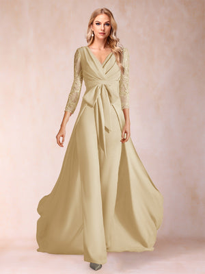 Chiffon V-Neck 3/4 Sleeves Floor-Length Ruched Mother of the Bride Pantsuits with Appliques