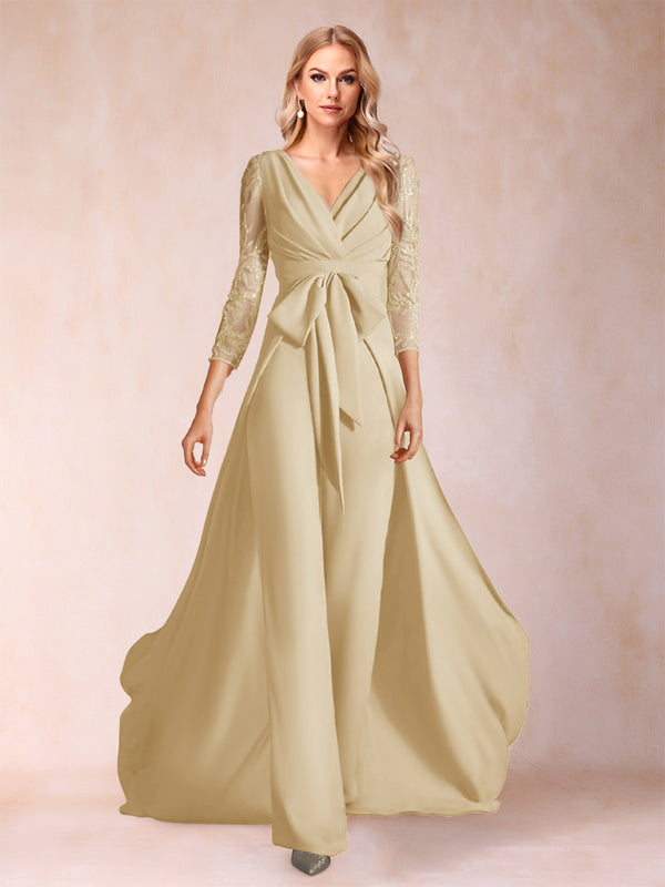 Chiffon V-Neck 3/4 Sleeves Floor-Length Ruched Mother of the Bride Pantsuits with Appliques