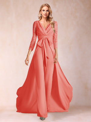 Chiffon V-Neck 3/4 Sleeves Floor-Length Ruched Mother of the Bride Pantsuits with Appliques