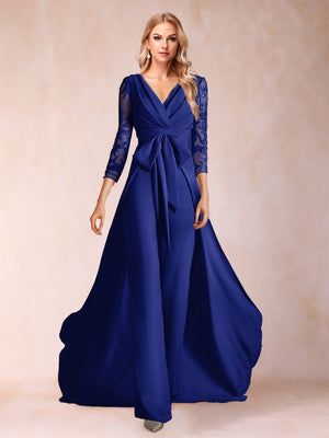 Chiffon V-Neck 3/4 Sleeves Floor-Length Ruched Mother of the Bride Pantsuits with Appliques
