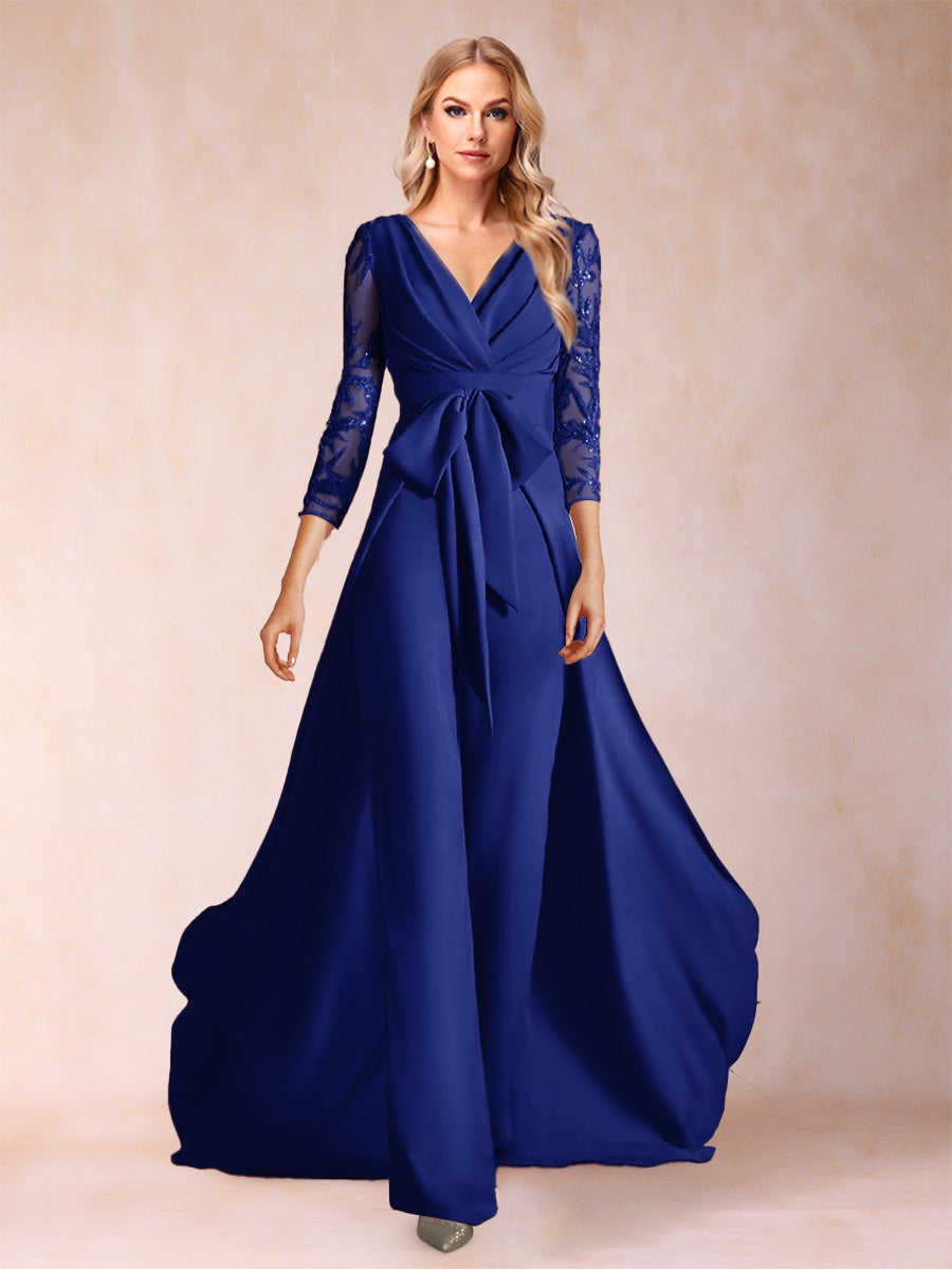 Chiffon V-Neck 3/4 Sleeves Floor-Length Ruched Mother of the Bride Pantsuits with Appliques