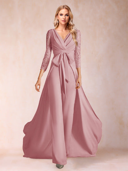 Chiffon V-Neck 3/4 Sleeves Floor-Length Ruched Mother of the Bride Pantsuits with Appliques