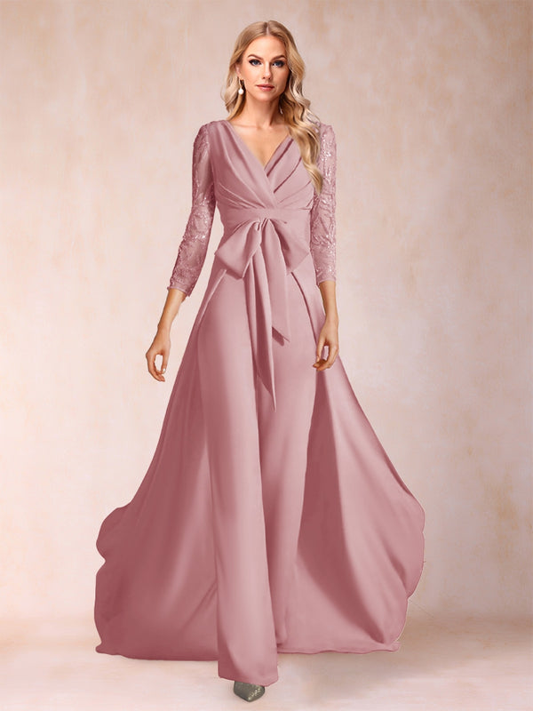 Chiffon V-Neck 3/4 Sleeves Floor-Length Ruched Mother of the Bride Pantsuits with Appliques