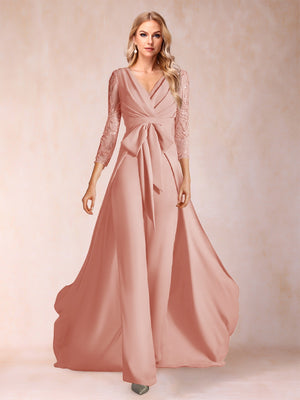 Chiffon V-Neck 3/4 Sleeves Floor-Length Ruched Mother of the Bride Pantsuits with Appliques
