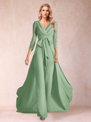 Chiffon V-Neck 3/4 Sleeves Floor-Length Ruched Mother of the Bride Pantsuits with Appliques