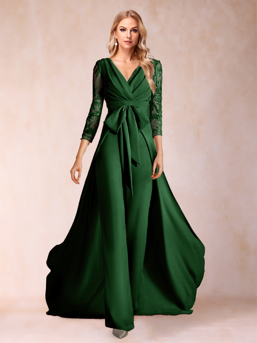 Chiffon V-Neck 3/4 Sleeves Floor-Length Ruched Mother of the Bride Pantsuits with Appliques