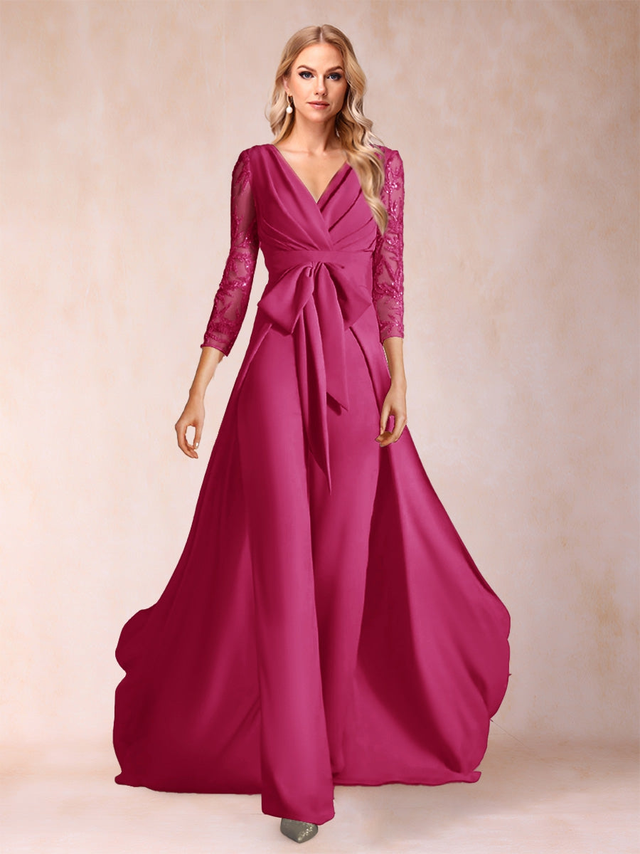 Chiffon V-Neck 3/4 Sleeves Floor-Length Ruched Mother of the Bride Pantsuits with Appliques