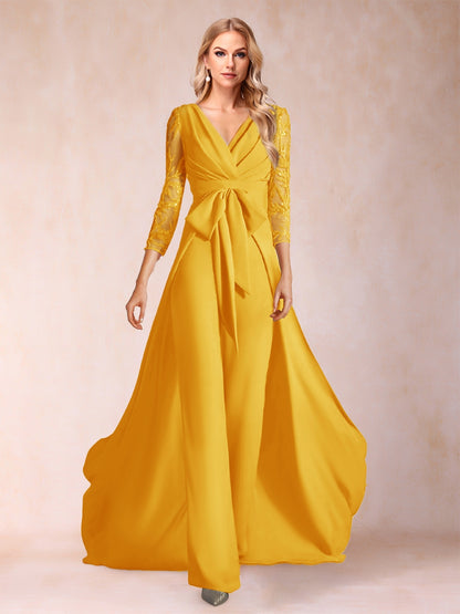 Chiffon V-Neck 3/4 Sleeves Floor-Length Ruched Mother of the Bride Pantsuits with Appliques