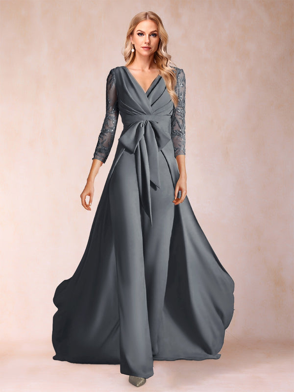 Chiffon V-Neck 3/4 Sleeves Floor-Length Ruched Mother of the Bride Pantsuits with Appliques