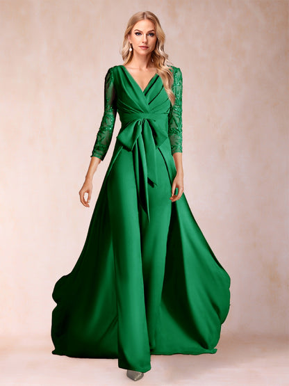 Chiffon V-Neck 3/4 Sleeves Floor-Length Ruched Mother of the Bride Pantsuits with Appliques