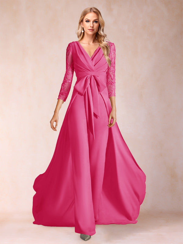 Chiffon V-Neck 3/4 Sleeves Floor-Length Ruched Mother of the Bride Pantsuits with Appliques