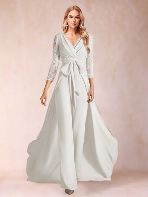 Chiffon V-Neck 3/4 Sleeves Floor-Length Ruched Mother of the Bride Pantsuits with Appliques