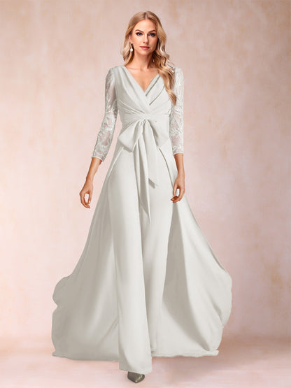 Chiffon V-Neck 3/4 Sleeves Floor-Length Ruched Mother of the Bride Pantsuits with Appliques