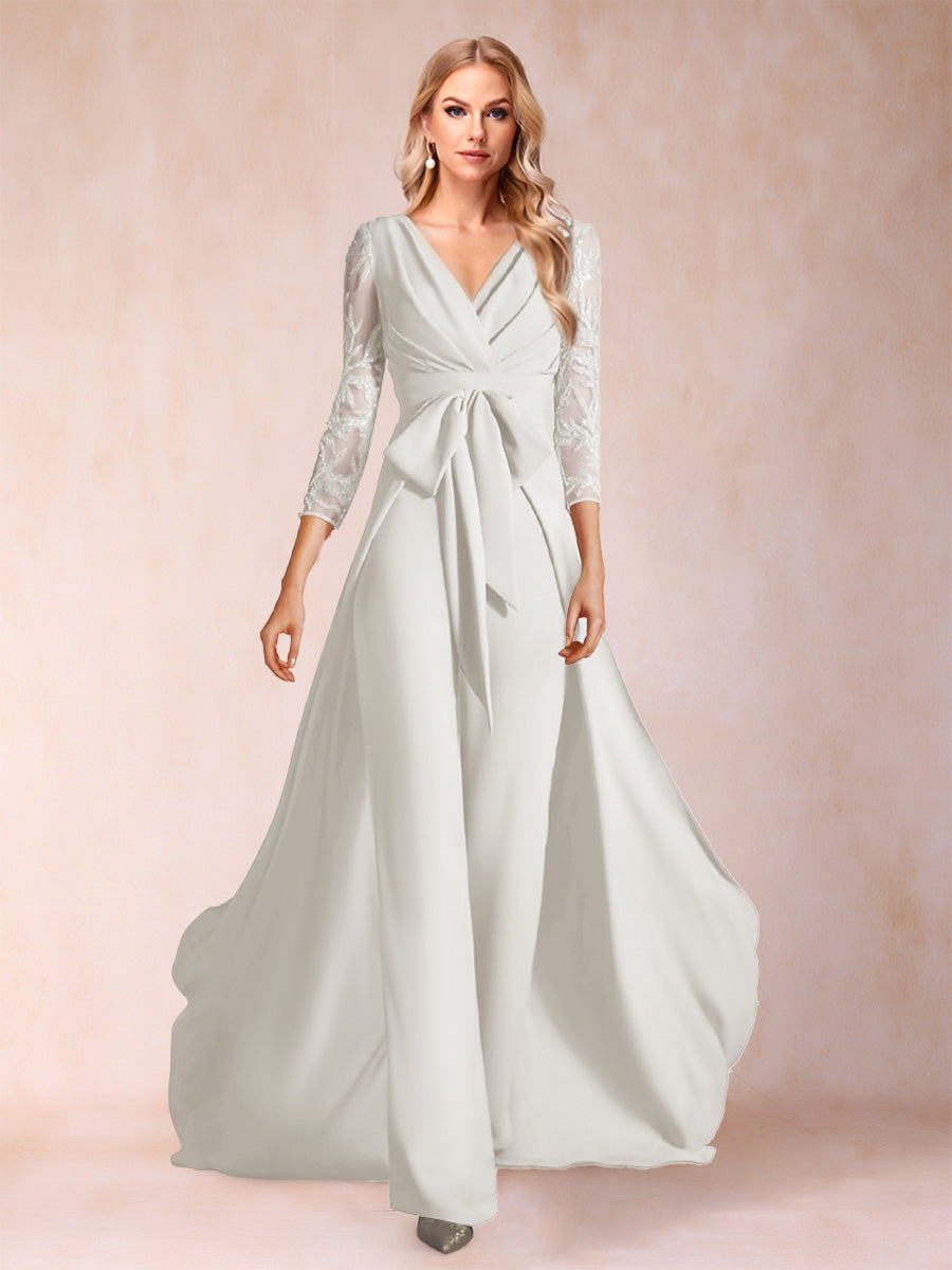 Chiffon V-Neck 3/4 Sleeves Floor-Length Ruched Mother of the Bride Pantsuits with Appliques