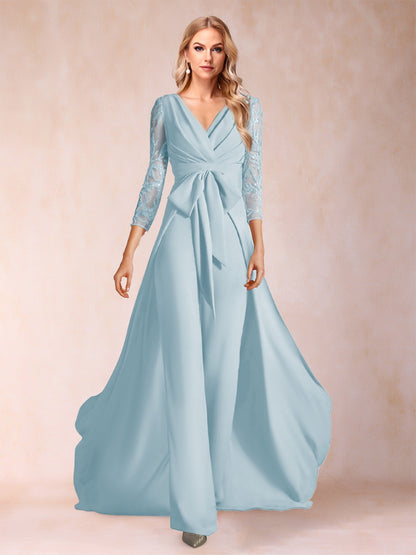 Chiffon V-Neck 3/4 Sleeves Floor-Length Ruched Mother of the Bride Pantsuits with Appliques