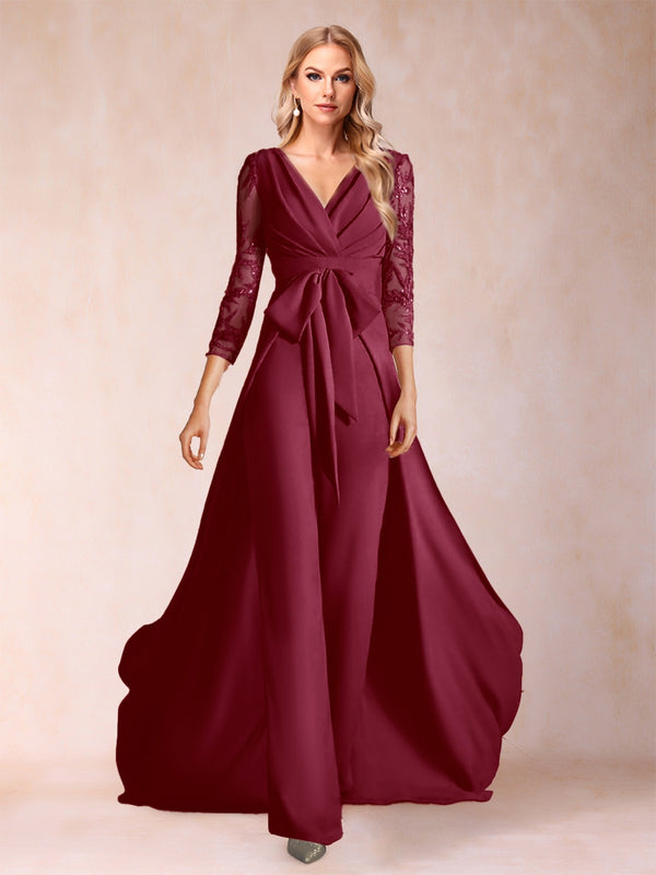 Chiffon V-Neck 3/4 Sleeves Floor-Length Ruched Mother of the Bride Pantsuits with Appliques