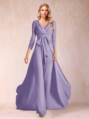 Chiffon V-Neck 3/4 Sleeves Floor-Length Ruched Mother of the Bride Pantsuits with Appliques