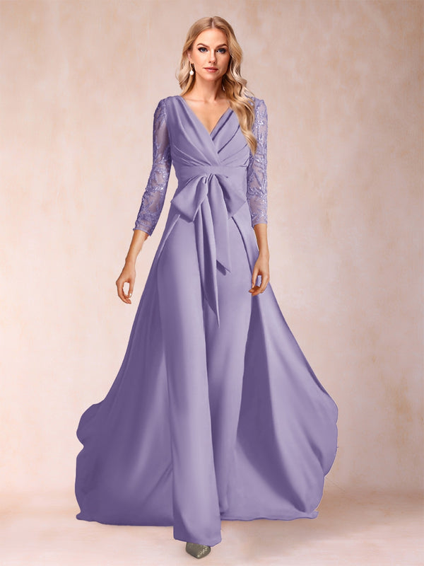 Chiffon V-Neck 3/4 Sleeves Floor-Length Ruched Mother of the Bride Pantsuits with Appliques