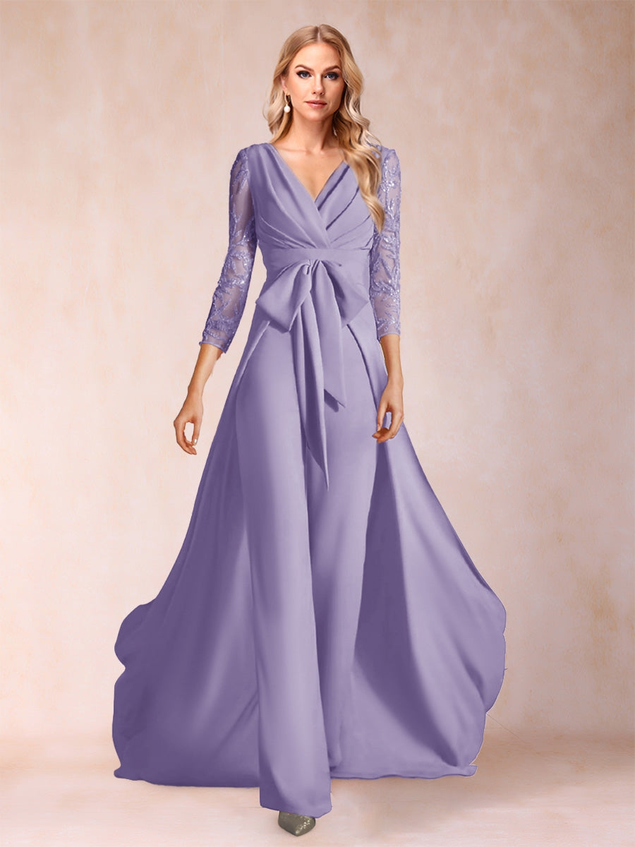 Chiffon V-Neck 3/4 Sleeves Floor-Length Ruched Mother of the Bride Pantsuits with Appliques