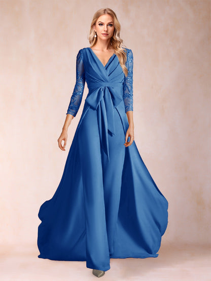Chiffon V-Neck 3/4 Sleeves Floor-Length Ruched Mother of the Bride Pantsuits with Appliques