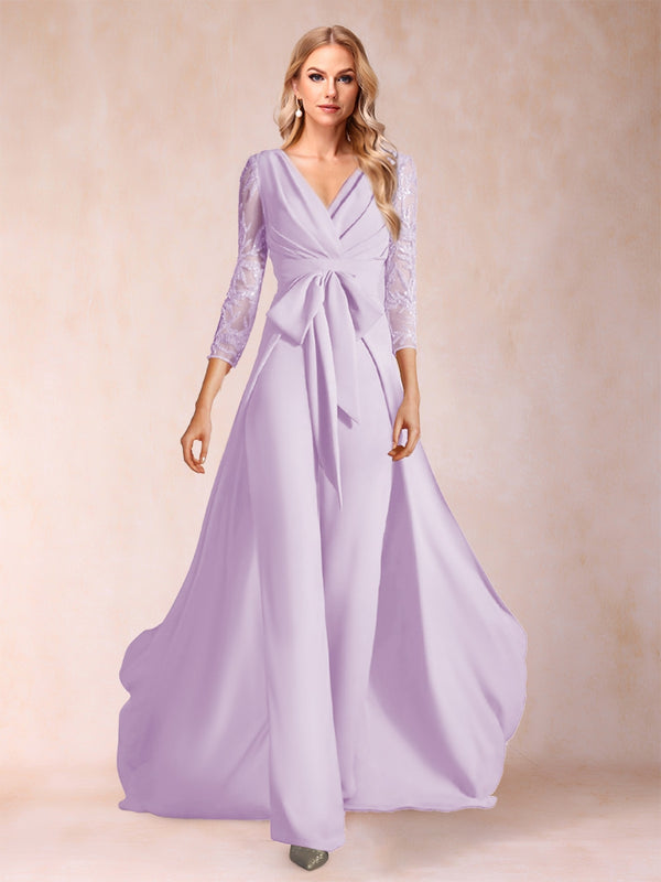 Chiffon V-Neck 3/4 Sleeves Floor-Length Ruched Mother of the Bride Pantsuits with Appliques