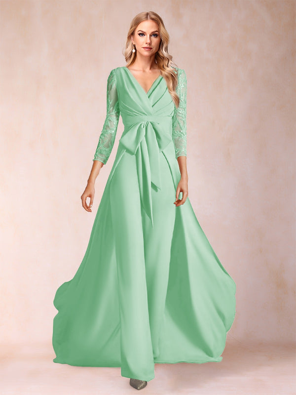 Chiffon V-Neck 3/4 Sleeves Floor-Length Ruched Mother of the Bride Pantsuits with Appliques