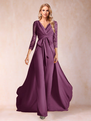 Chiffon V-Neck 3/4 Sleeves Floor-Length Ruched Mother of the Bride Pantsuits with Appliques
