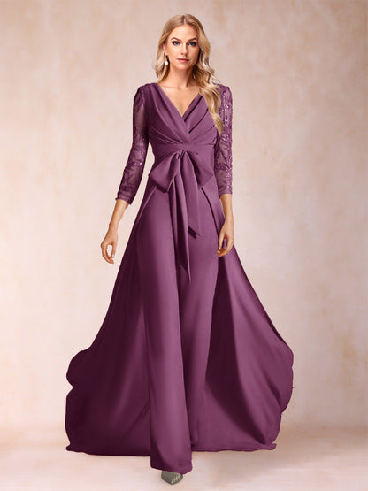 Chiffon V-Neck 3/4 Sleeves Floor-Length Ruched Mother of the Bride Pantsuits with Appliques