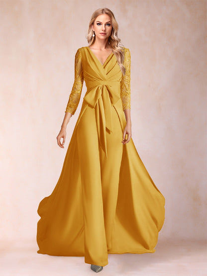 Chiffon V-Neck 3/4 Sleeves Floor-Length Ruched Mother of the Bride Pantsuits with Appliques