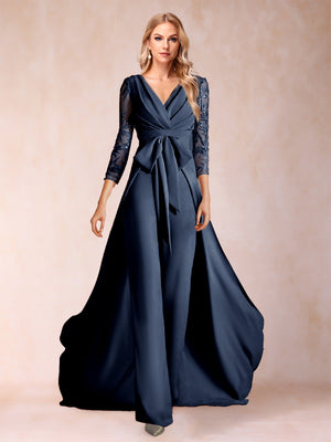 Chiffon V-Neck 3/4 Sleeves Floor-Length Ruched Mother of the Bride Pantsuits with Appliques