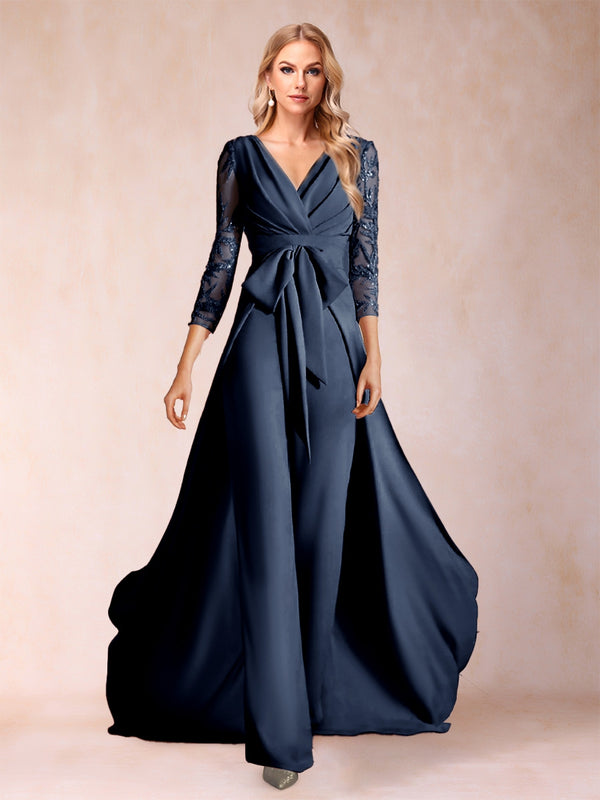 Chiffon V-Neck 3/4 Sleeves Floor-Length Ruched Mother of the Bride Pantsuits with Appliques