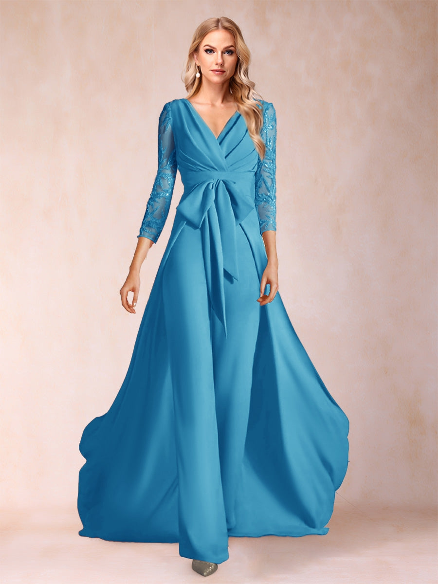 Chiffon V-Neck 3/4 Sleeves Floor-Length Ruched Mother of the Bride Pantsuits with Appliques